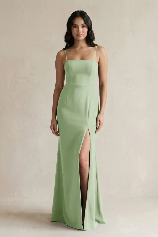 Spaghetti Straps Sheath Stain Bridesmaid Dress With Slit in Sage made by KissProm