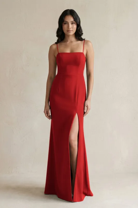 Spaghetti Straps Sheath Stain Bridesmaid Dress With Slit in Spice made by KissProm