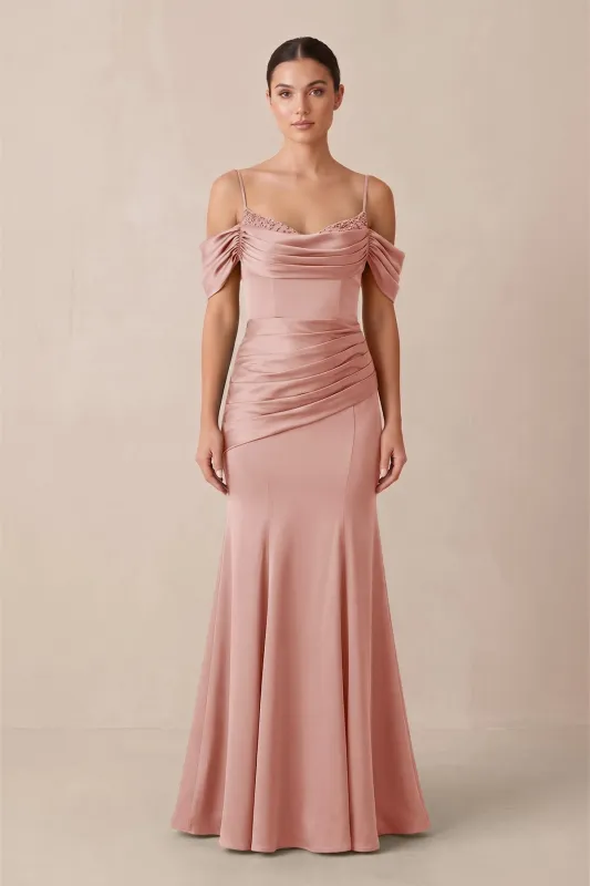 Off-the-Shoulder Mermaid Ruched Bridesmaid Dress in Rose Petal made by KissProm