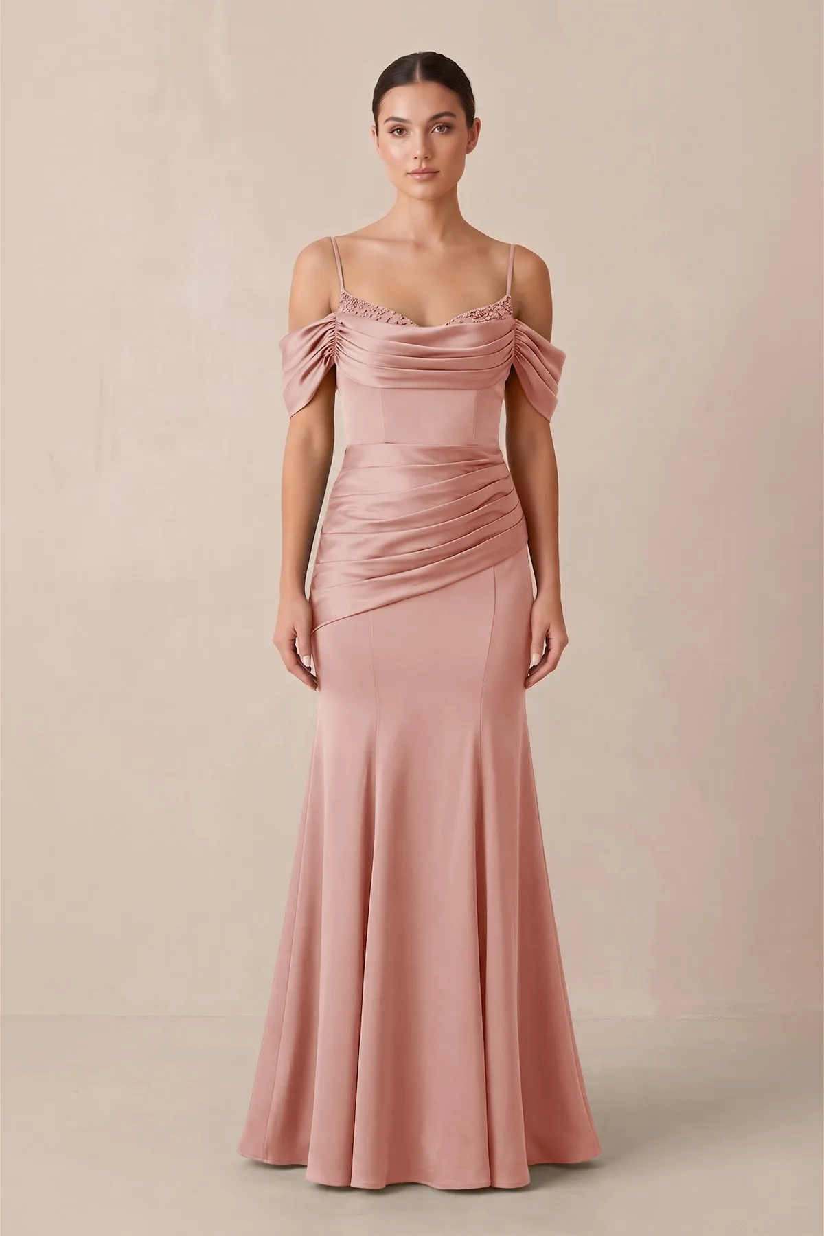 Off-the-Shoulder Mermaid Ruched Bridesmaid Dress in Rose Petal sold by KissProm