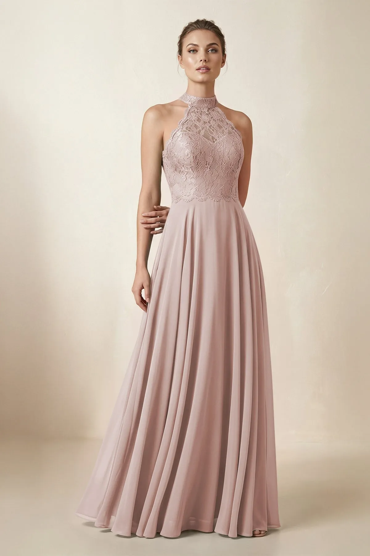 Lace Halter A-Line Chiffon Bridesmaid Dress in Toffee sold by KissProm
