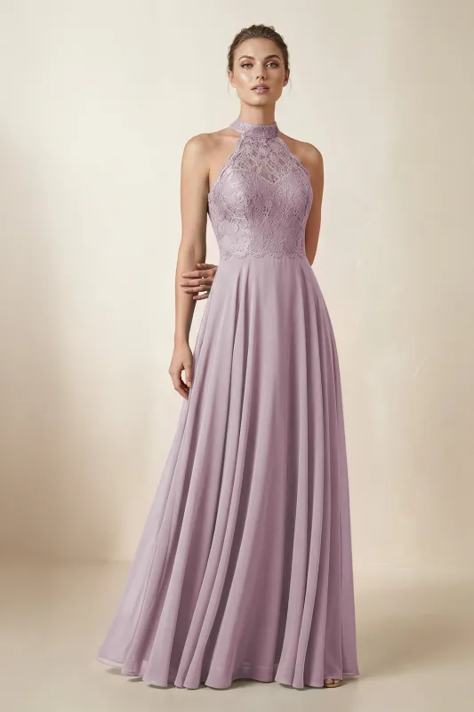 Lace Halter A-Line Chiffon Bridesmaid Dress in Dusk made by KissProm