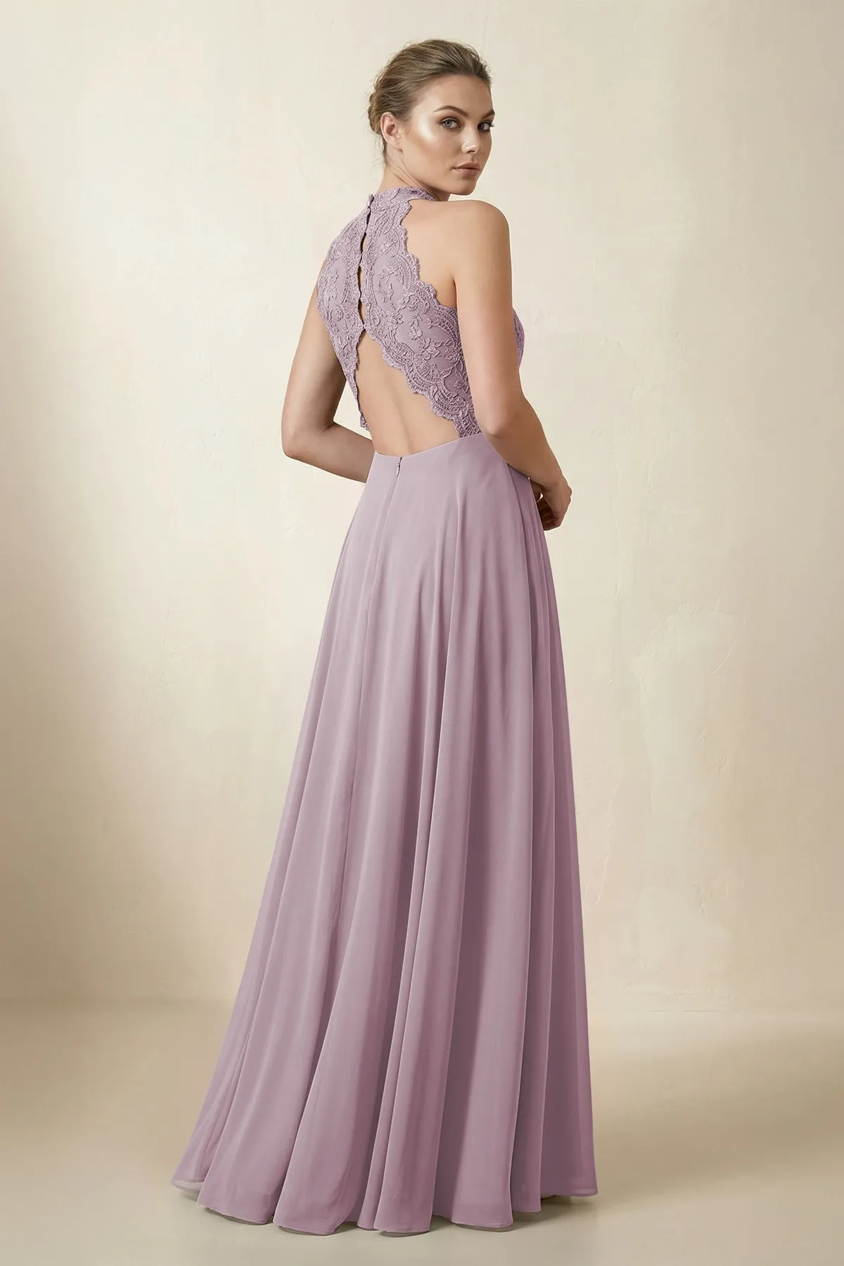 Lace Halter A-Line Chiffon Bridesmaid Dress in Dusk sold by KissProm product image thumbnail 2