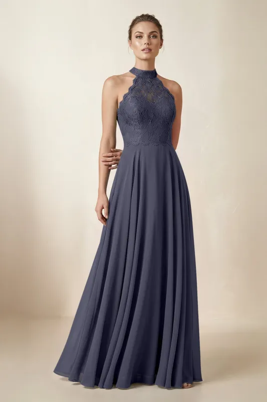 Lace Halter A-Line Chiffon Bridesmaid Dress in Dusk Blue made by KissProm