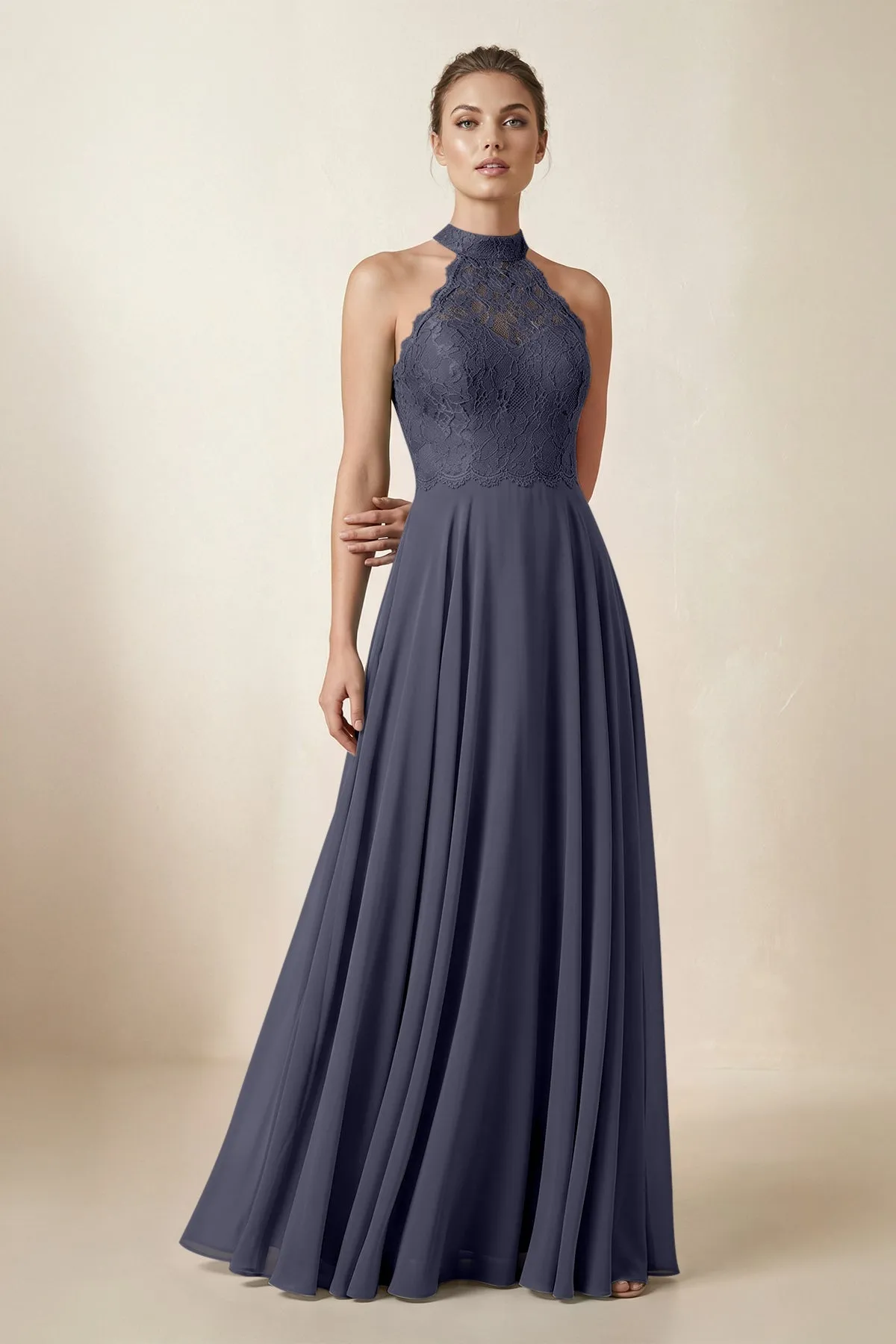 Lace Halter A-Line Chiffon Bridesmaid Dress in Dusk Blue sold by KissProm