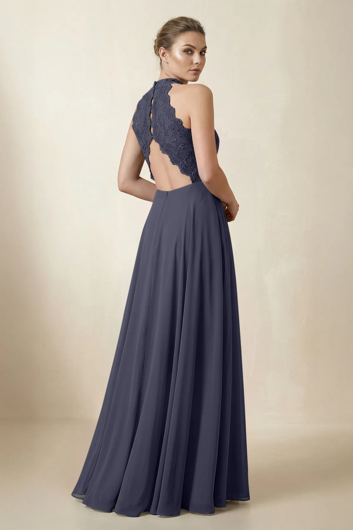 Lace Halter A-Line Chiffon Bridesmaid Dress in Dusk Blue sold by KissProm product image thumbnail 2