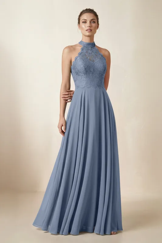 Lace Halter A-Line Chiffon Bridesmaid Dress in Neptune made by KissProm