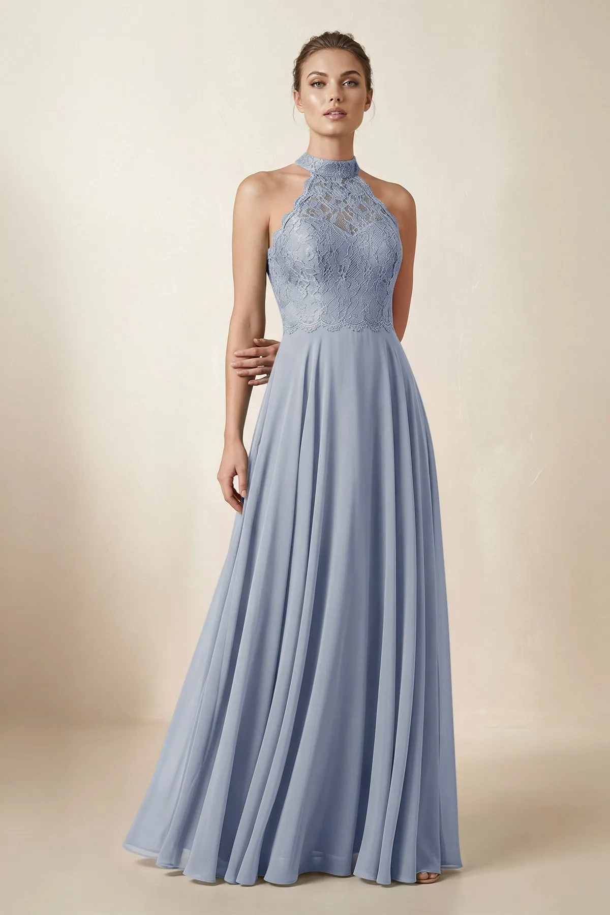Lace Halter A-Line Chiffon Bridesmaid Dress in Twilight sold by KissProm