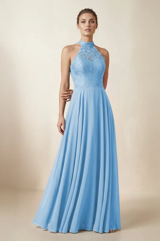 Lace Halter A-Line Chiffon Bridesmaid Dress in Steel Blue made by KissProm