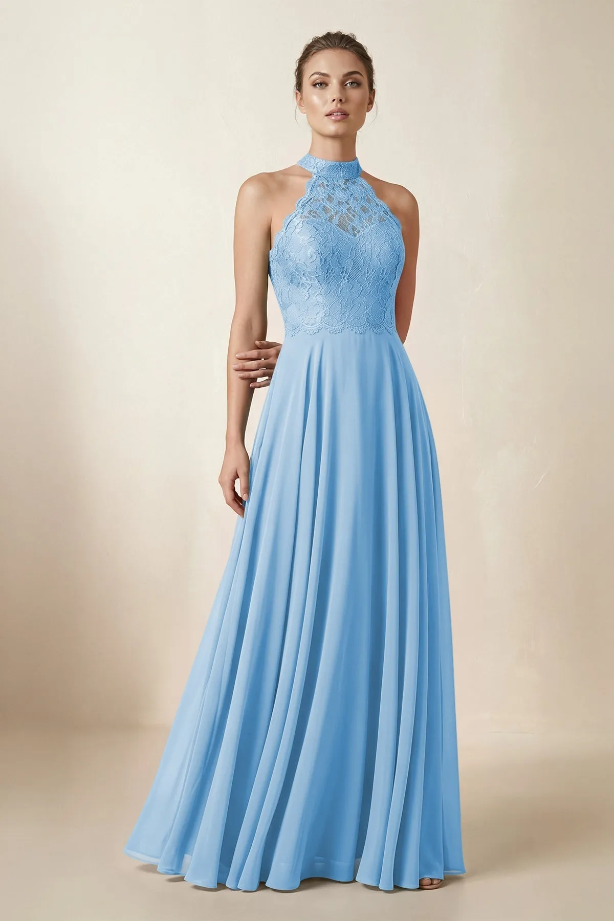 Lace Halter A-Line Chiffon Bridesmaid Dress in Steel Blue sold by KissProm