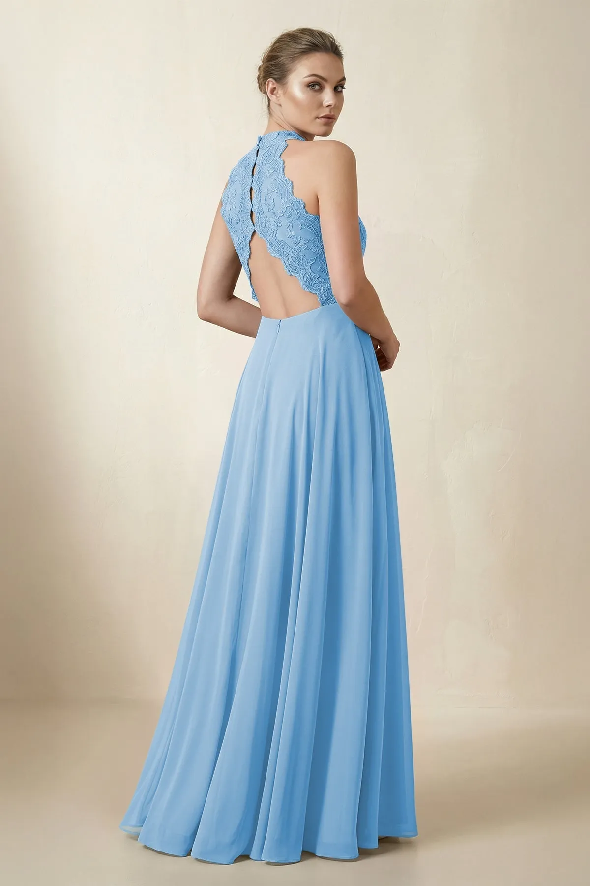Lace Halter A-Line Chiffon Bridesmaid Dress in Steel Blue sold by KissProm product image thumbnail 2
