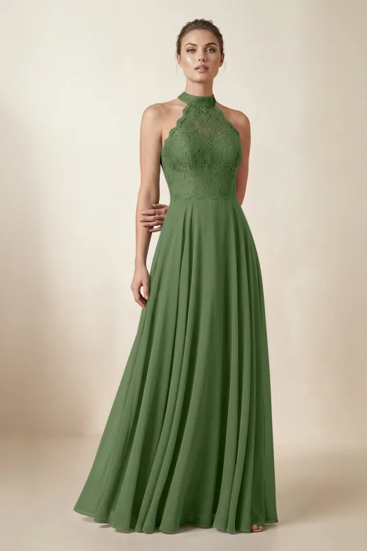 Lace Halter A-Line Chiffon Bridesmaid Dress in Moss made by KissProm