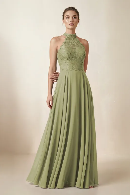 Lace Halter A-Line Chiffon Bridesmaid Dress in Moss Green made by KissProm
