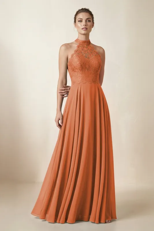 Lace Halter A-Line Chiffon Bridesmaid Dress in Terracotta made by KissProm