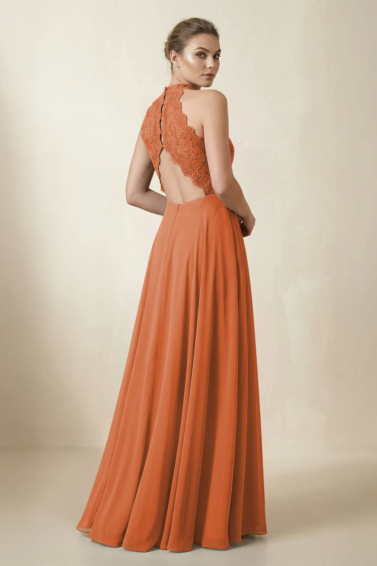 Lace Halter A-Line Chiffon Bridesmaid Dress in Terracotta sold by KissProm product image thumbnail 2