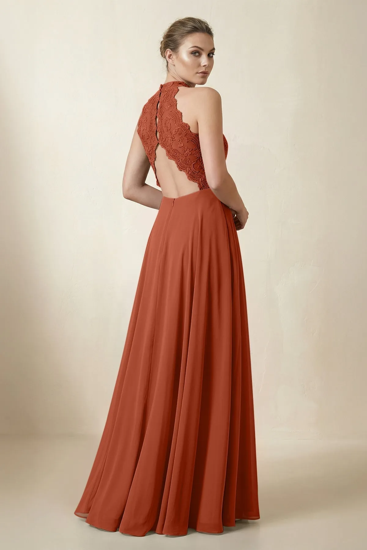 Lace Halter A-Line Chiffon Bridesmaid Dress in Spice sold by KissProm product image thumbnail 2