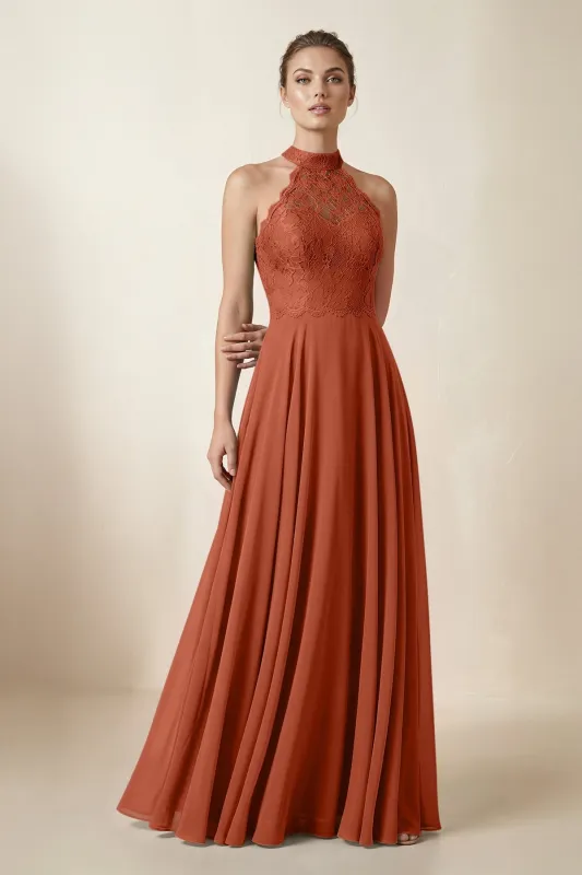 Lace Halter A-Line Chiffon Bridesmaid Dress in Spice made by KissProm