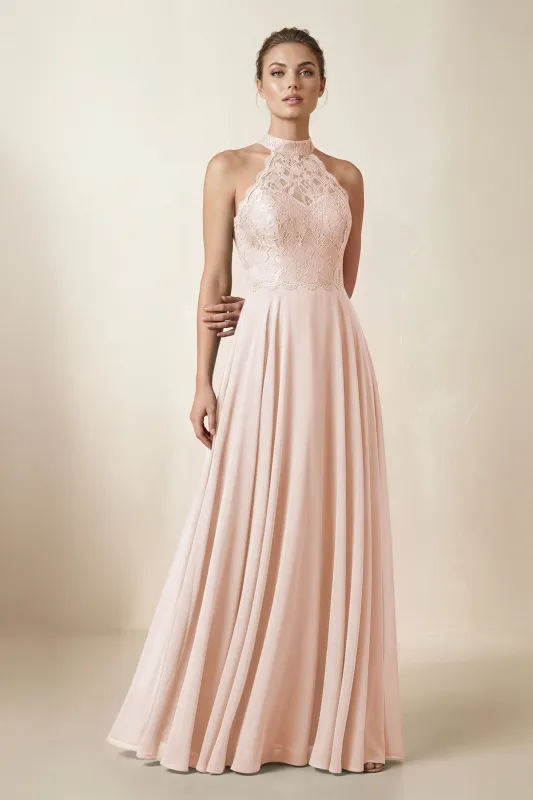 Lace Halter A-Line Chiffon Bridesmaid Dress in Pale Blush made by KissProm