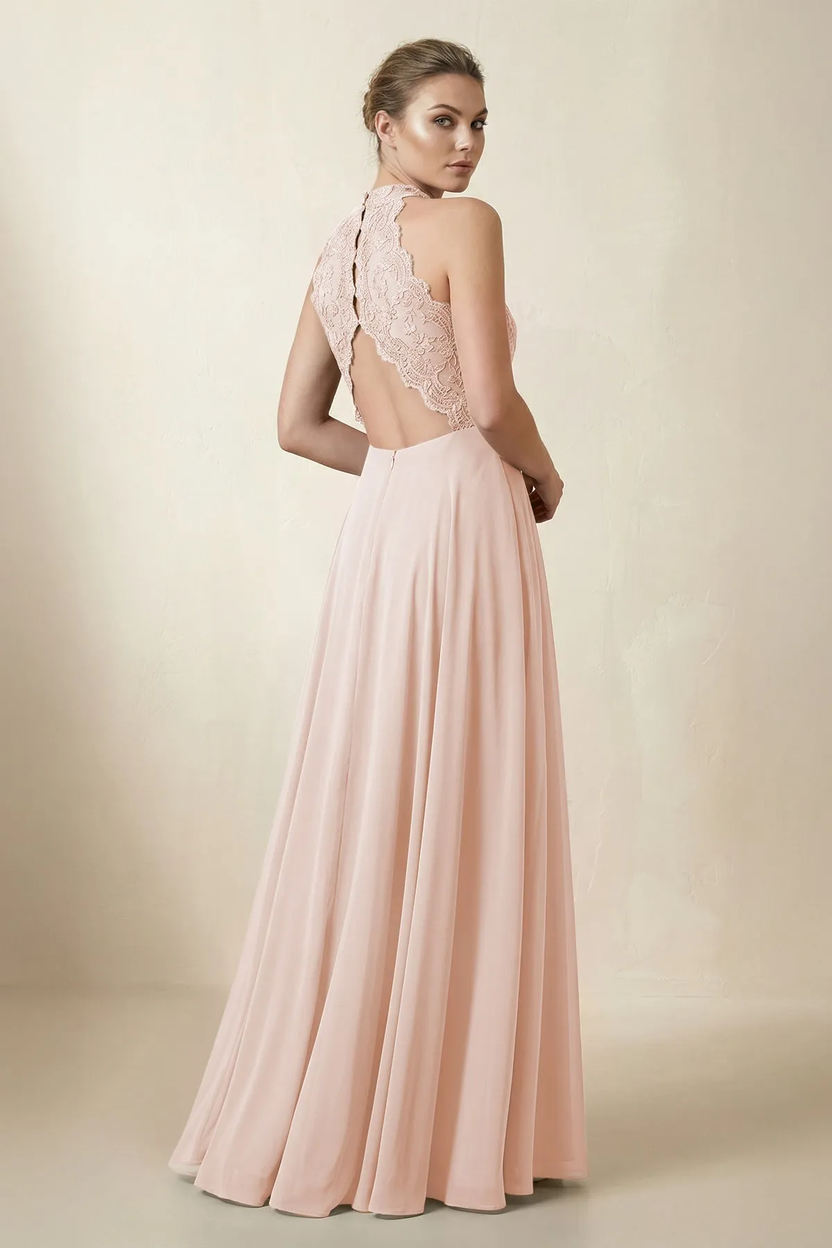 Lace Halter A-Line Chiffon Bridesmaid Dress in Pale Blush sold by KissProm product image thumbnail 2