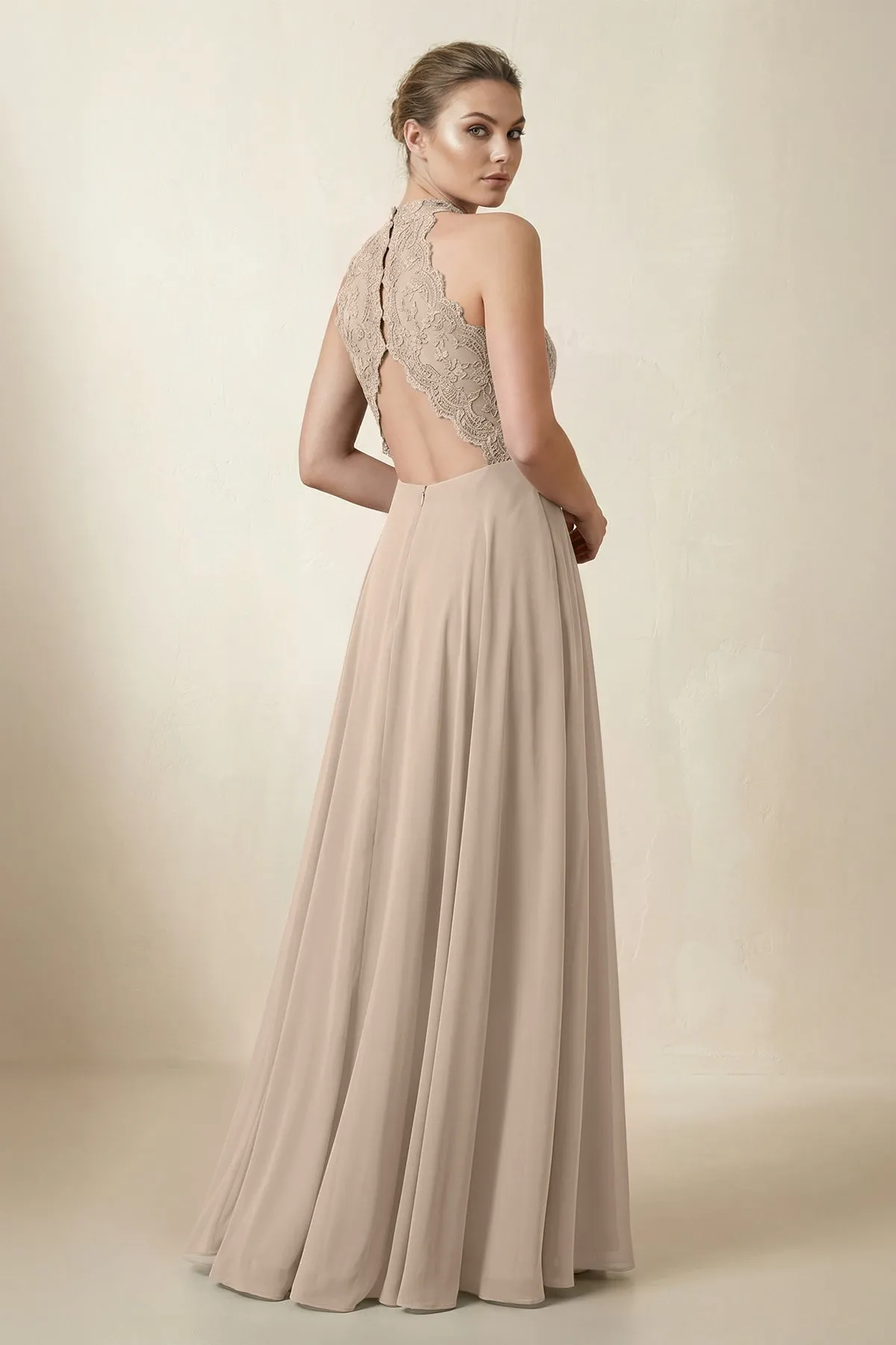 Lace Halter A-Line Chiffon Bridesmaid Dress in Almond sold by KissProm product image thumbnail 2