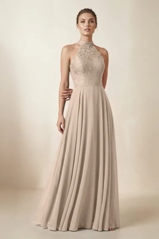 Lace Halter A-Line Chiffon Bridesmaid Dress in Almond made by KissProm
