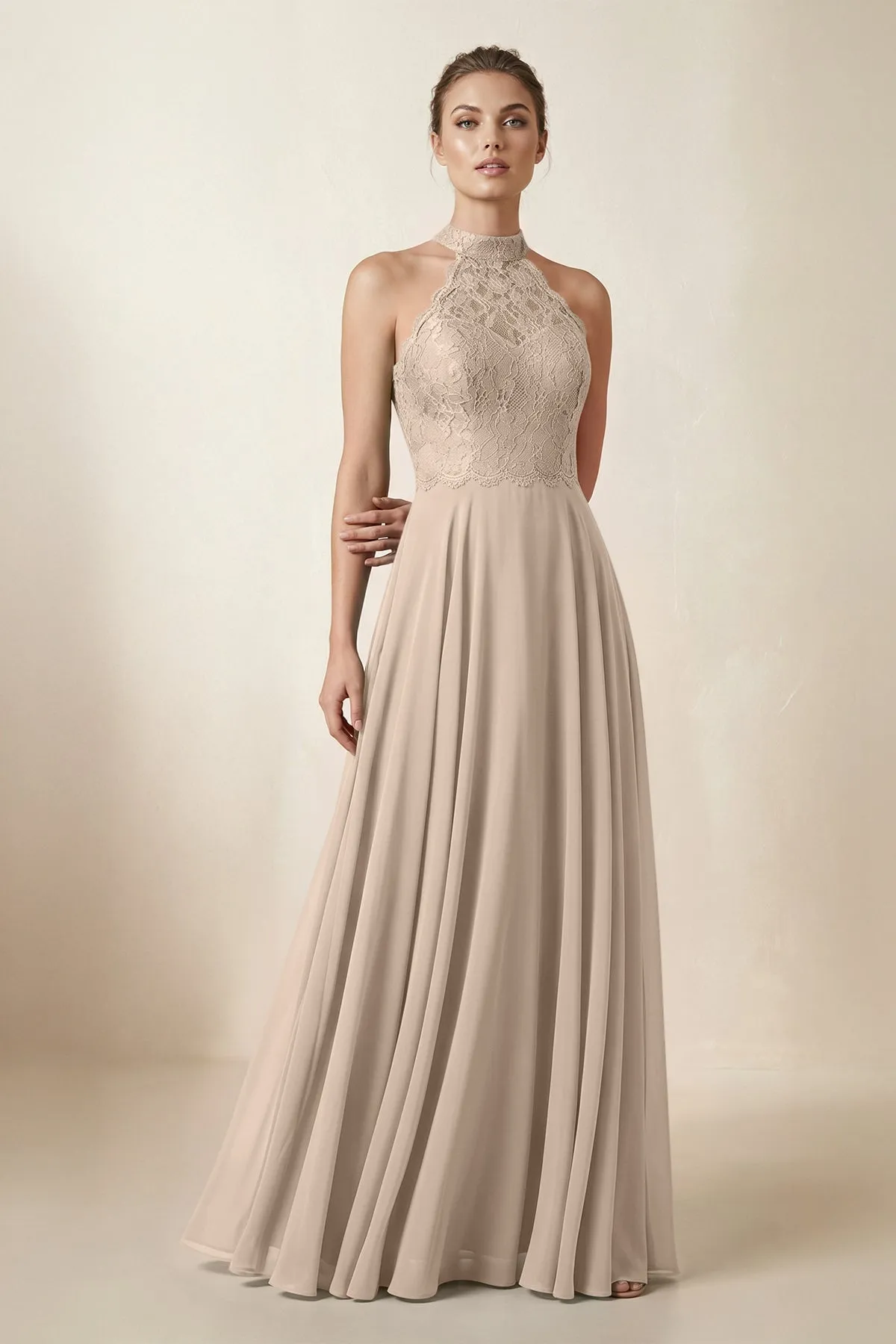 Lace Halter A-Line Chiffon Bridesmaid Dress in Almond sold by KissProm