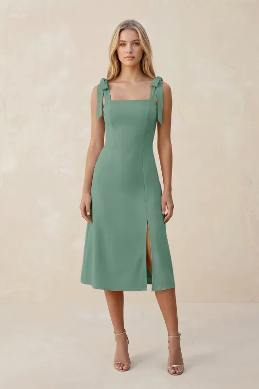 Square Neck A-Line Satin Midi Bridesmaid Dress With Bow in Mint Green made by KissProm