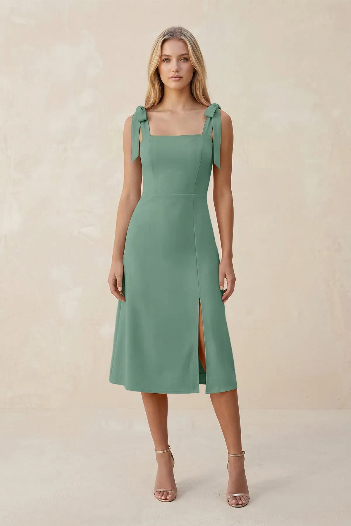 Square Neck A-Line Satin Midi Bridesmaid Dress With Bow in Mint Green sold by KissProm