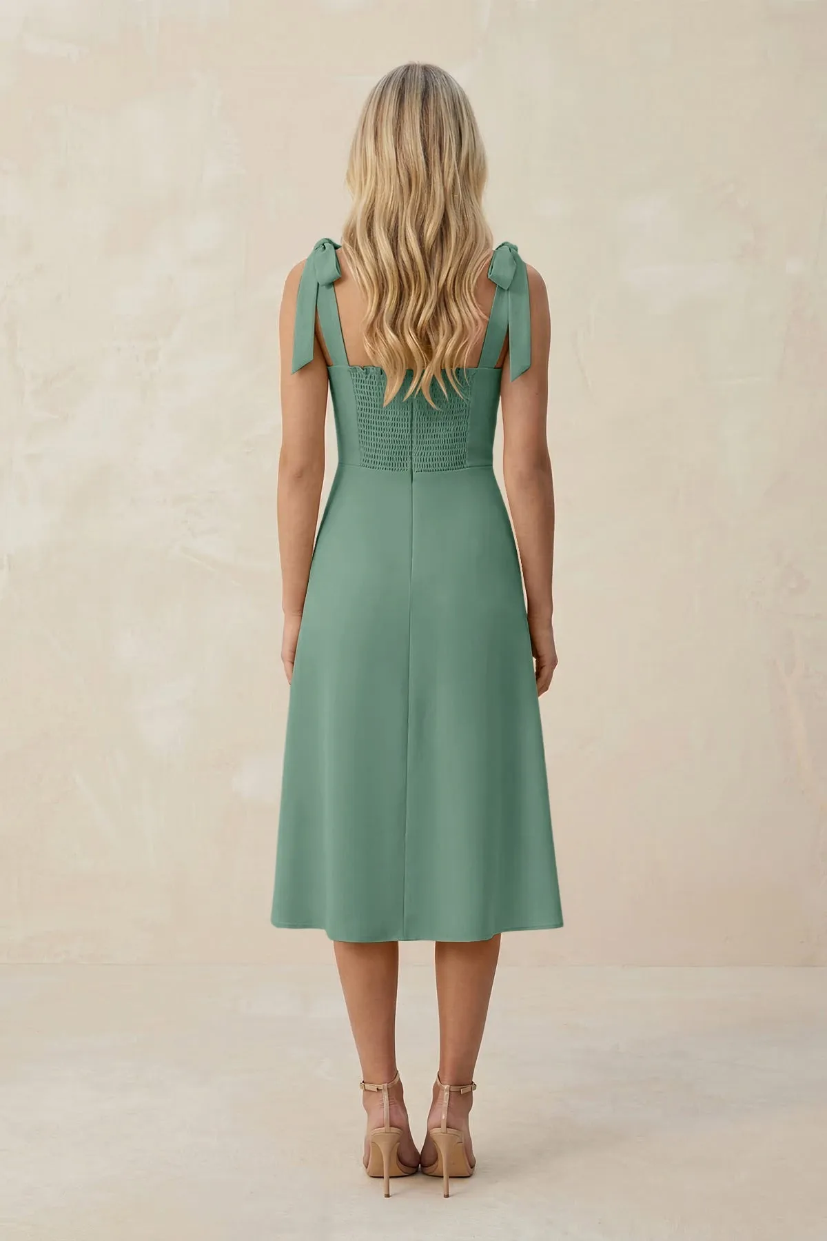 Square Neck A-Line Satin Midi Bridesmaid Dress With Bow in Mint Green sold by KissProm product image thumbnail 2