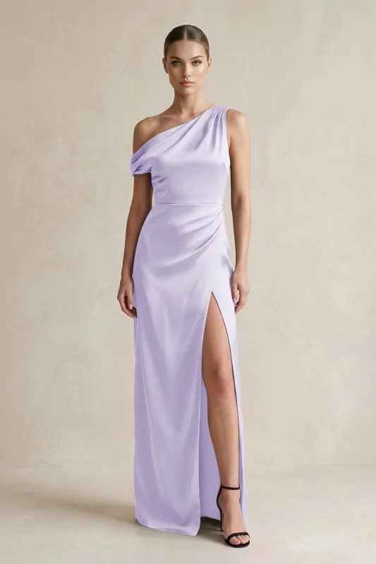 One-Shoulder Satin Sheath Bridesmaid Dress With Slit in Lavender made by KissProm