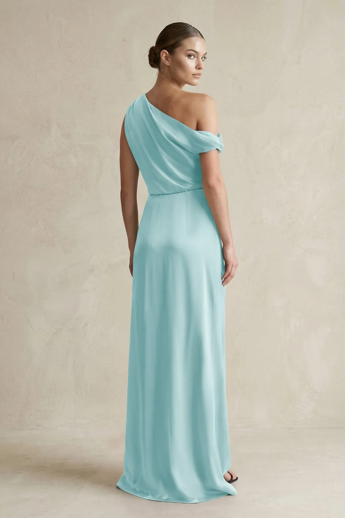 One-Shoulder Satin Sheath Bridesmaid Dress With Slit in Bleached Aqua sold by KissProm product image thumbnail 2
