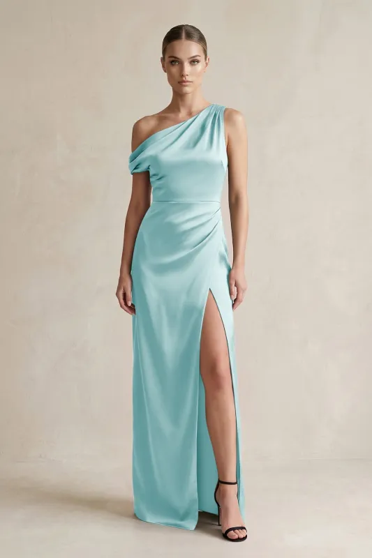 One-Shoulder Satin Sheath Bridesmaid Dress With Slit in Bleached Aqua made by KissProm
