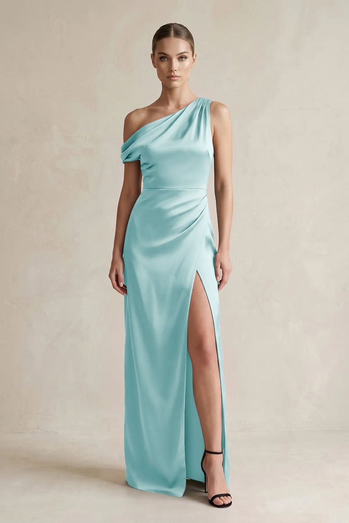 One-Shoulder Satin Sheath Bridesmaid Dress With Slit in Bleached Aqua sold by KissProm
