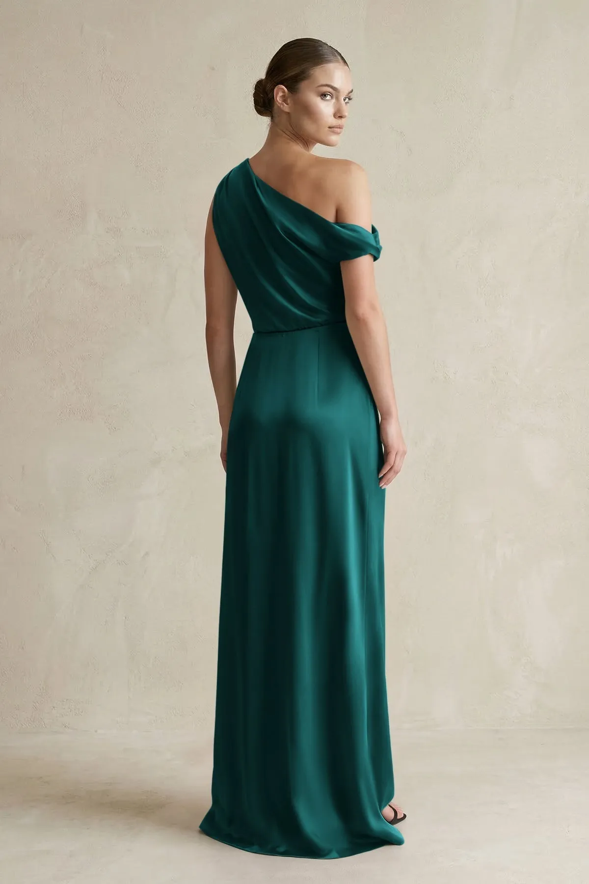 One-Shoulder Satin Sheath Bridesmaid Dress With Slit in Emerald sold by KissProm product image thumbnail 2