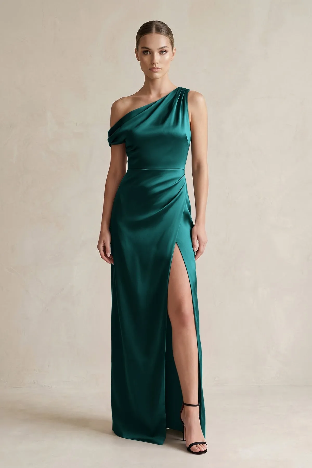 One-Shoulder Satin Sheath Bridesmaid Dress With Slit in Emerald sold by KissProm