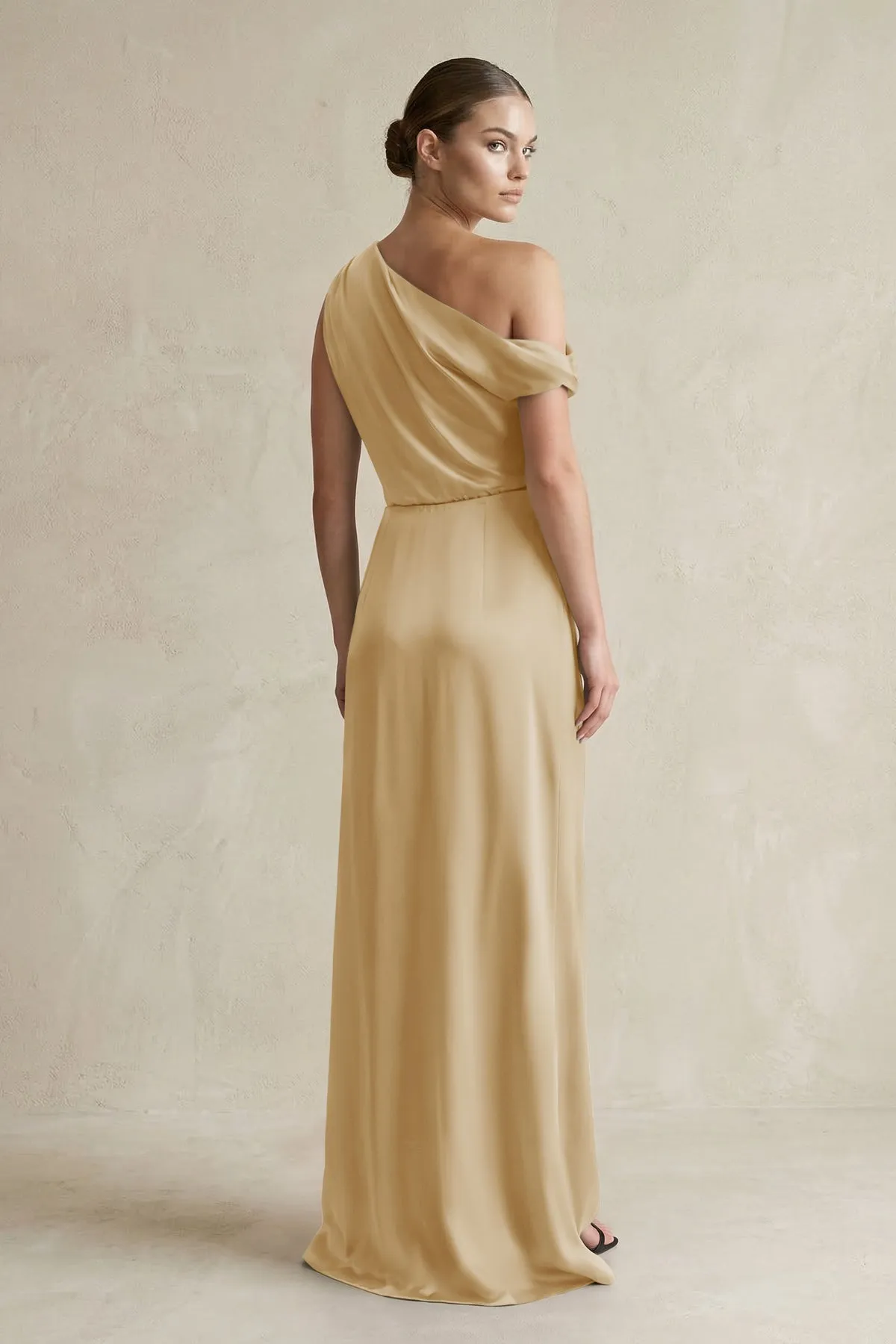 One-Shoulder Satin Sheath Bridesmaid Dress With Slit in Champagne sold by KissProm product image thumbnail 2