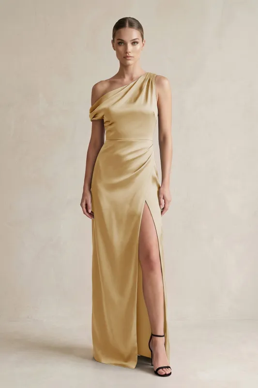 One-Shoulder Satin Sheath Bridesmaid Dress With Slit in Champagne made by KissProm