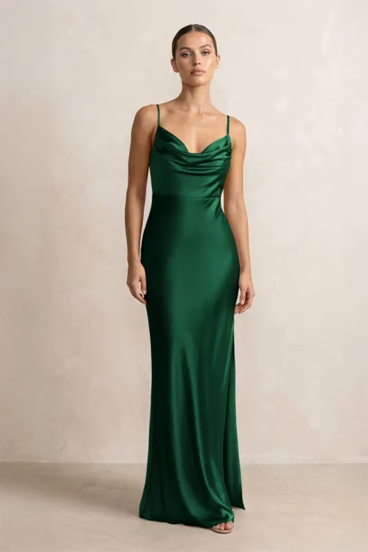 Spaghetti Strap Satin Sheath Bridesmaid Dress in Green made by KissProm