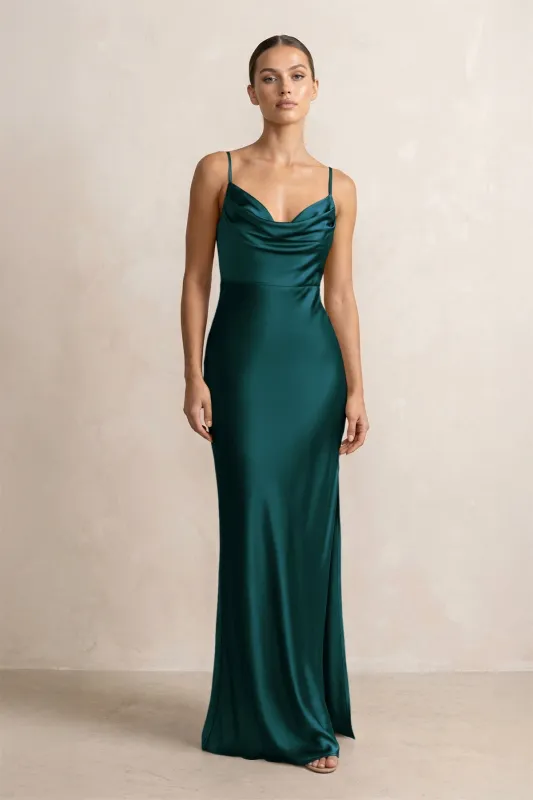 Spaghetti Strap Satin Sheath Bridesmaid Dress in Pine made by KissProm
