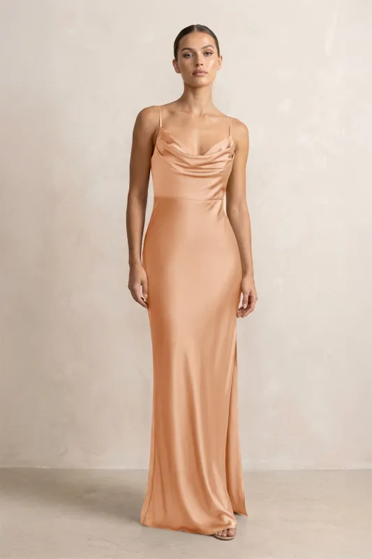 Spaghetti Strap Satin Sheath Bridesmaid Dress in Golden Champagne made by KissProm