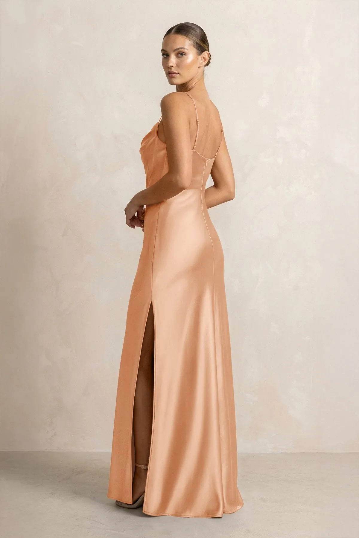 Spaghetti Strap Satin Sheath Bridesmaid Dress in Golden Champagne sold by KissProm product image thumbnail 2