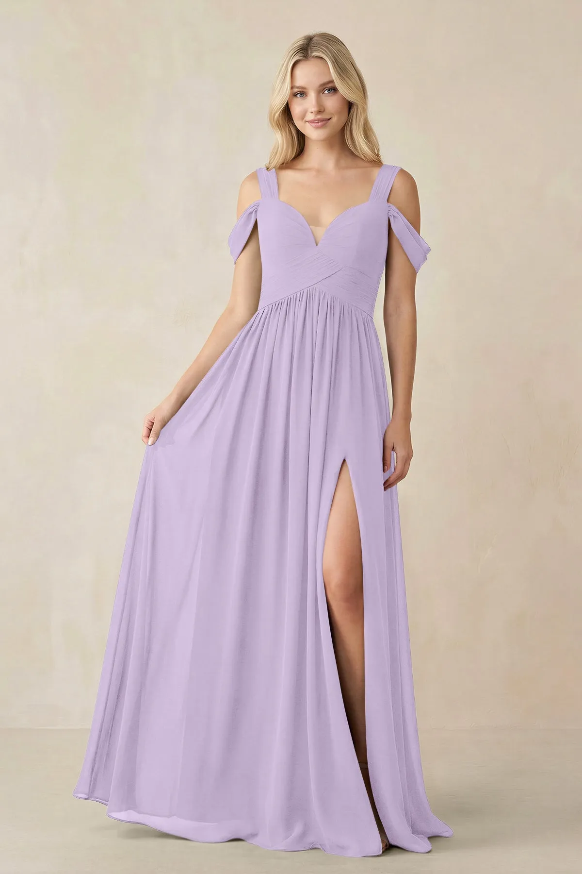 Chiffon A-Line Bridesmaid Dress with Slit in Lavender sold by KissProm
