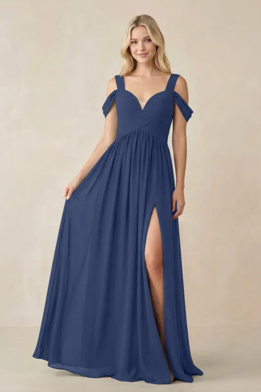 Chiffon A-Line Bridesmaid Dress with Slit in Navy made by KissProm