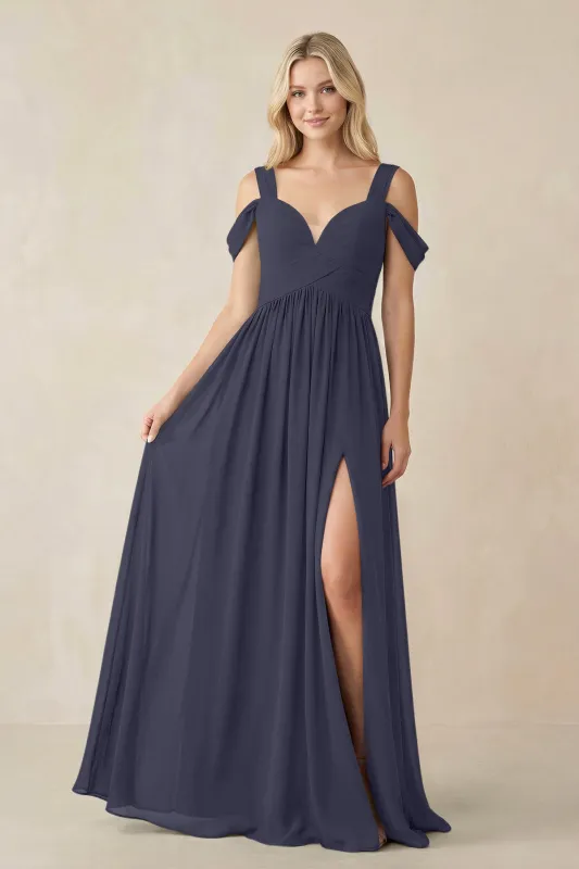 Chiffon A-Line Bridesmaid Dress with Slit in Dusk Blue made by KissProm