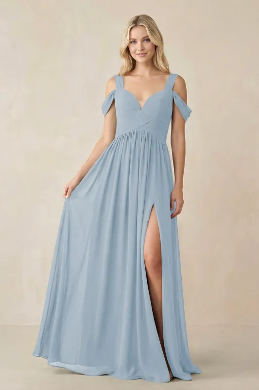 Chiffon A-Line Bridesmaid Dress with Slit in Dusty Blue made by KissProm