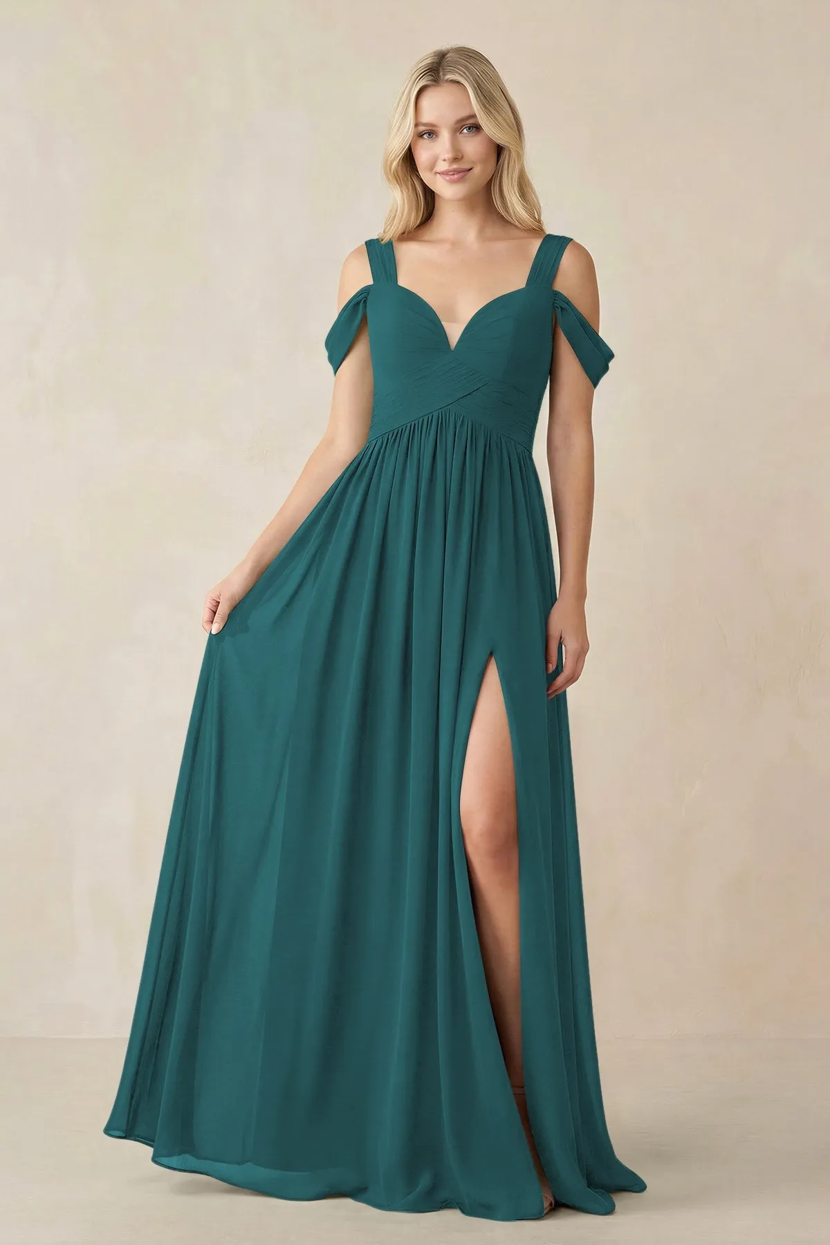 Chiffon A-Line Bridesmaid Dress with Slit in Pine sold by KissProm