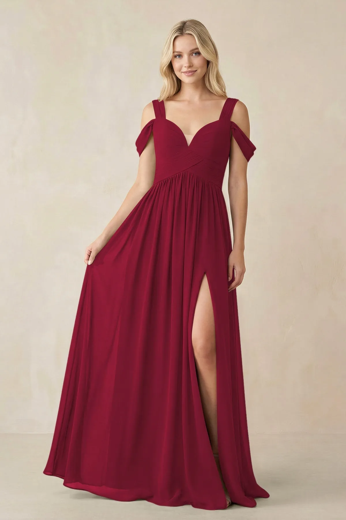 Chiffon A-Line Bridesmaid Dress with Slit in Berry sold by KissProm