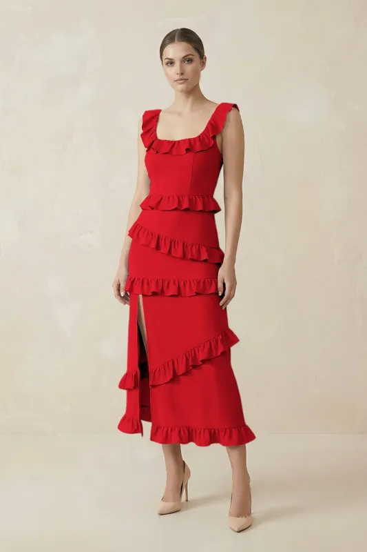 Square Neck Ruffled Sheath Satin Midi Bridesmaid Dress in Ruby Red made by KissProm