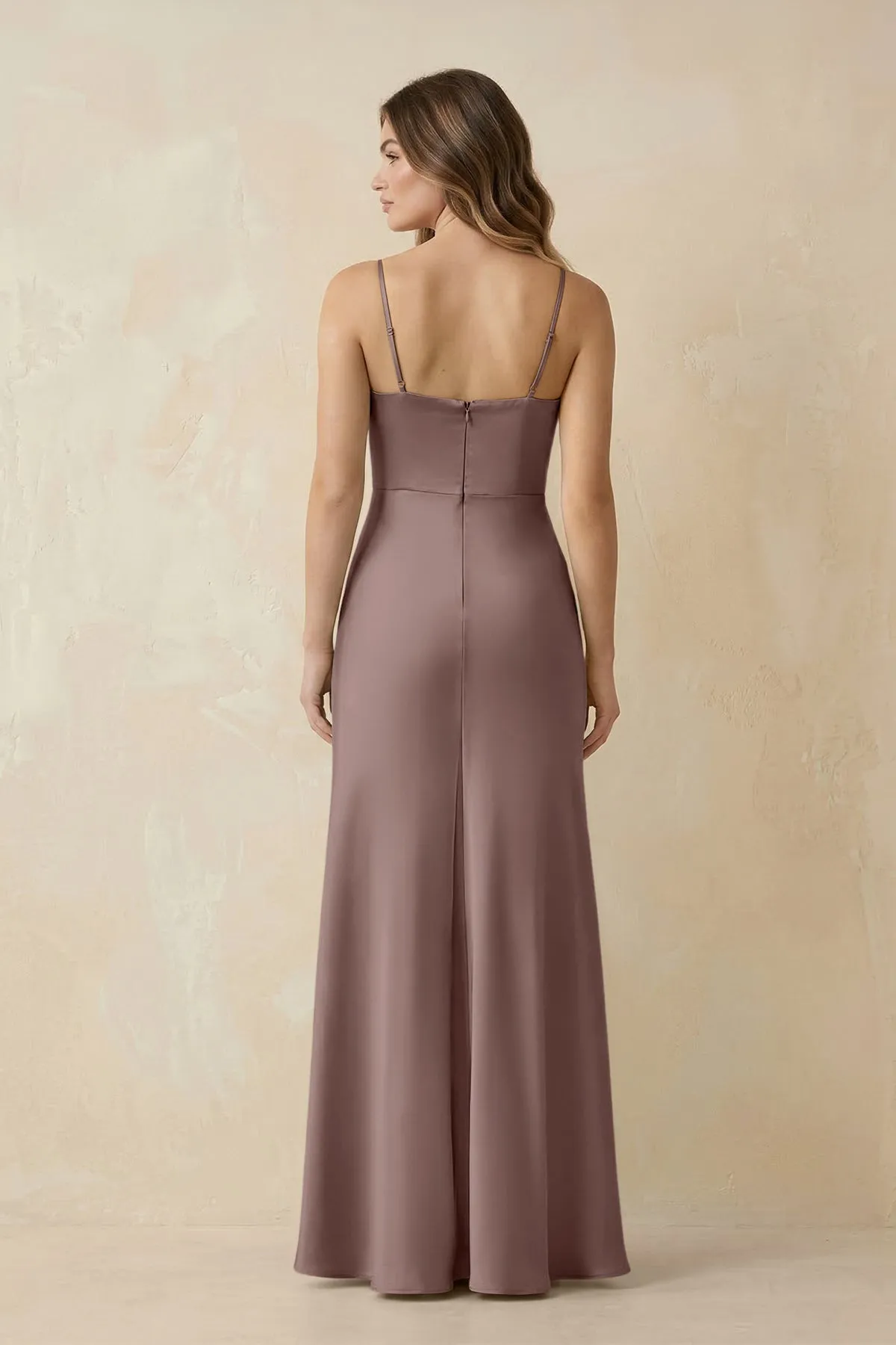 Spaghetti Strap Sheath Satin Bridesmaid Dress With Slit in Toffee sold by KissProm product image thumbnail 2