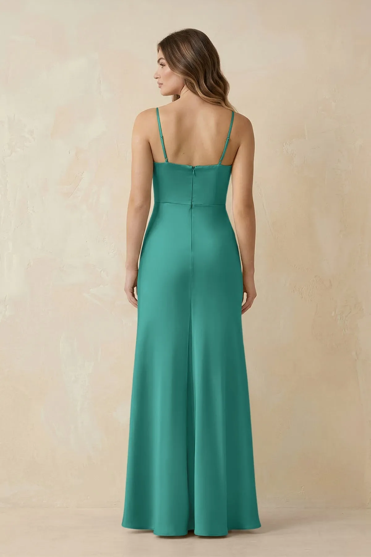 Spaghetti Strap Sheath Satin Bridesmaid Dress With Slit in Sea Glass sold by KissProm product image thumbnail 2